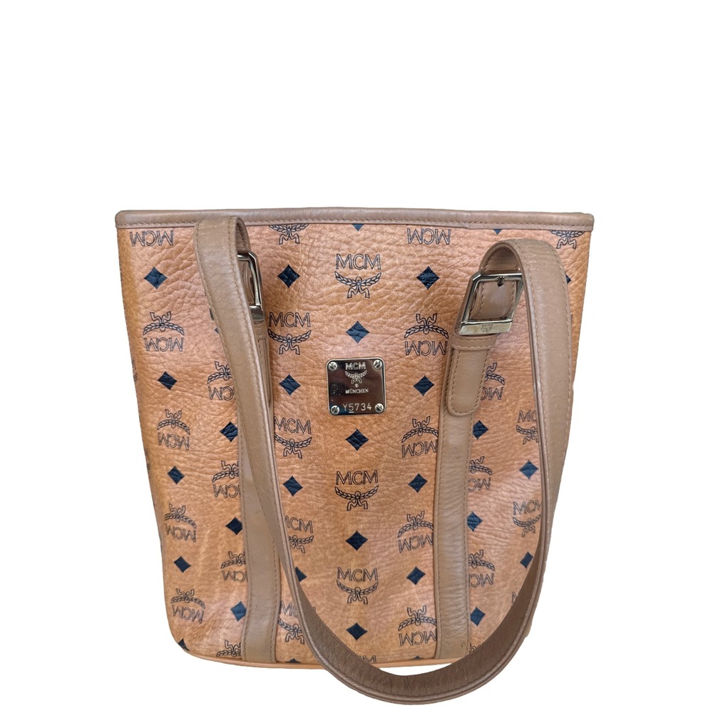 MCM Vintage Visetos Cognac Coated Canvas Shopper Tote Small Luxe Iconic Monogram